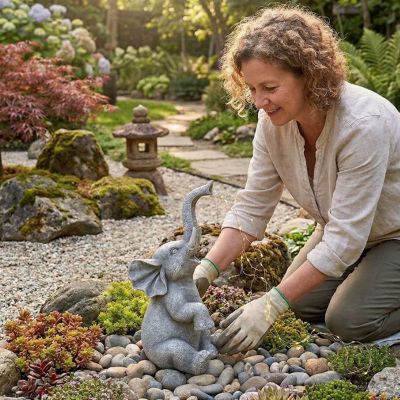 decoration jardin femme jardinant elephant