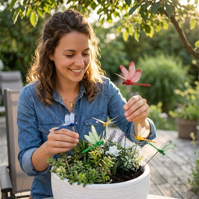 Décoration jardin libellule planté par femme