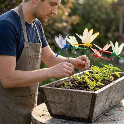 Décoration jardin libellule planté par homme