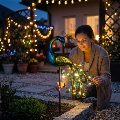 Décoration jardin paon illuminé femme