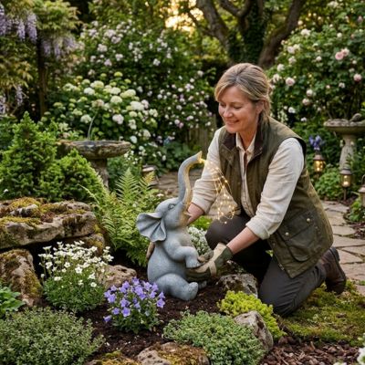 decoration jardin plate bande femme jardinant elephant 