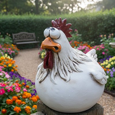 Décoration jardin poule yeux en l'air fleurs