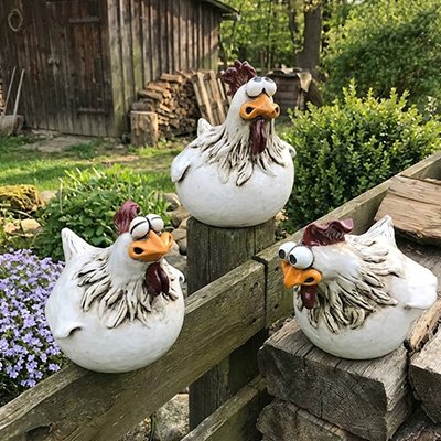 Décoration jardin trois poules clôture