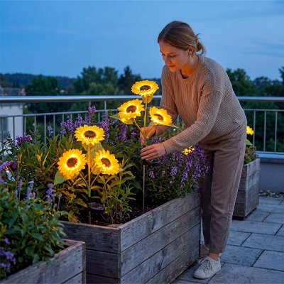 Lampe solaire extérieur  femme intalle tournesol