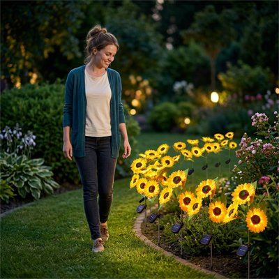 Lampe solaire extérieur femme qui regarde-tournesol