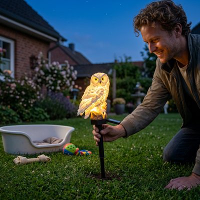 Lampe solaire extérieur hibou blanc panier chien