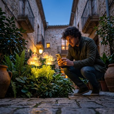 Lampe solaire extérieur homme prenant photo