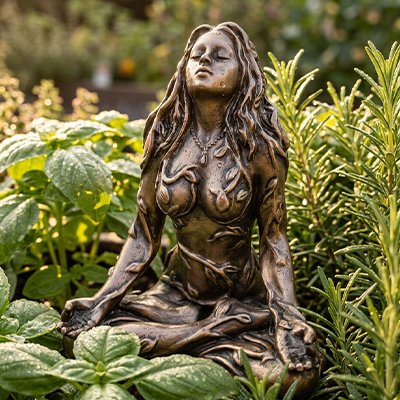 Sculpture déesse dans herbe